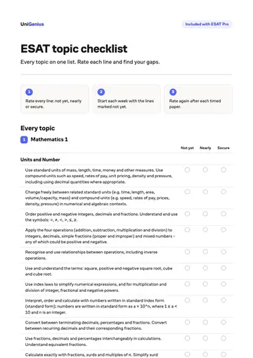 Page one of the ESAT topic checklist